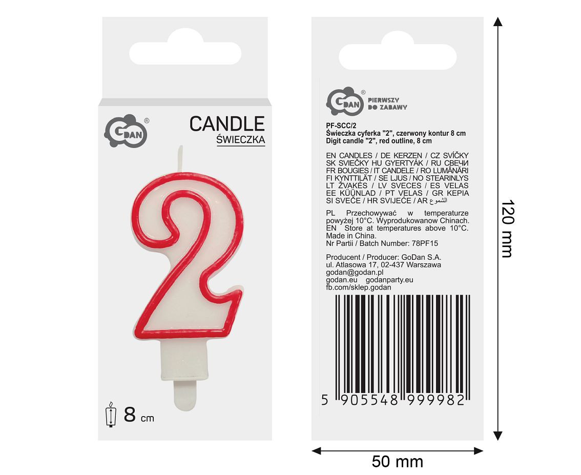 Świeczka cyferka "2", czerwony kontur 8 cm